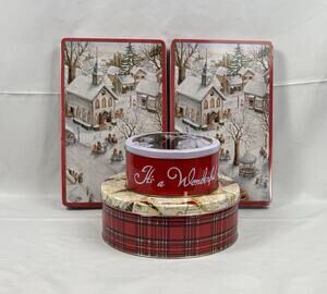 Christmas Metal Tin Containers Round Rectangle Food Cookie Tins / 4